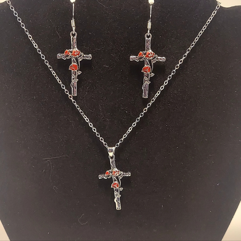 Elegant Cross With Red Rose Jewelry Set #1